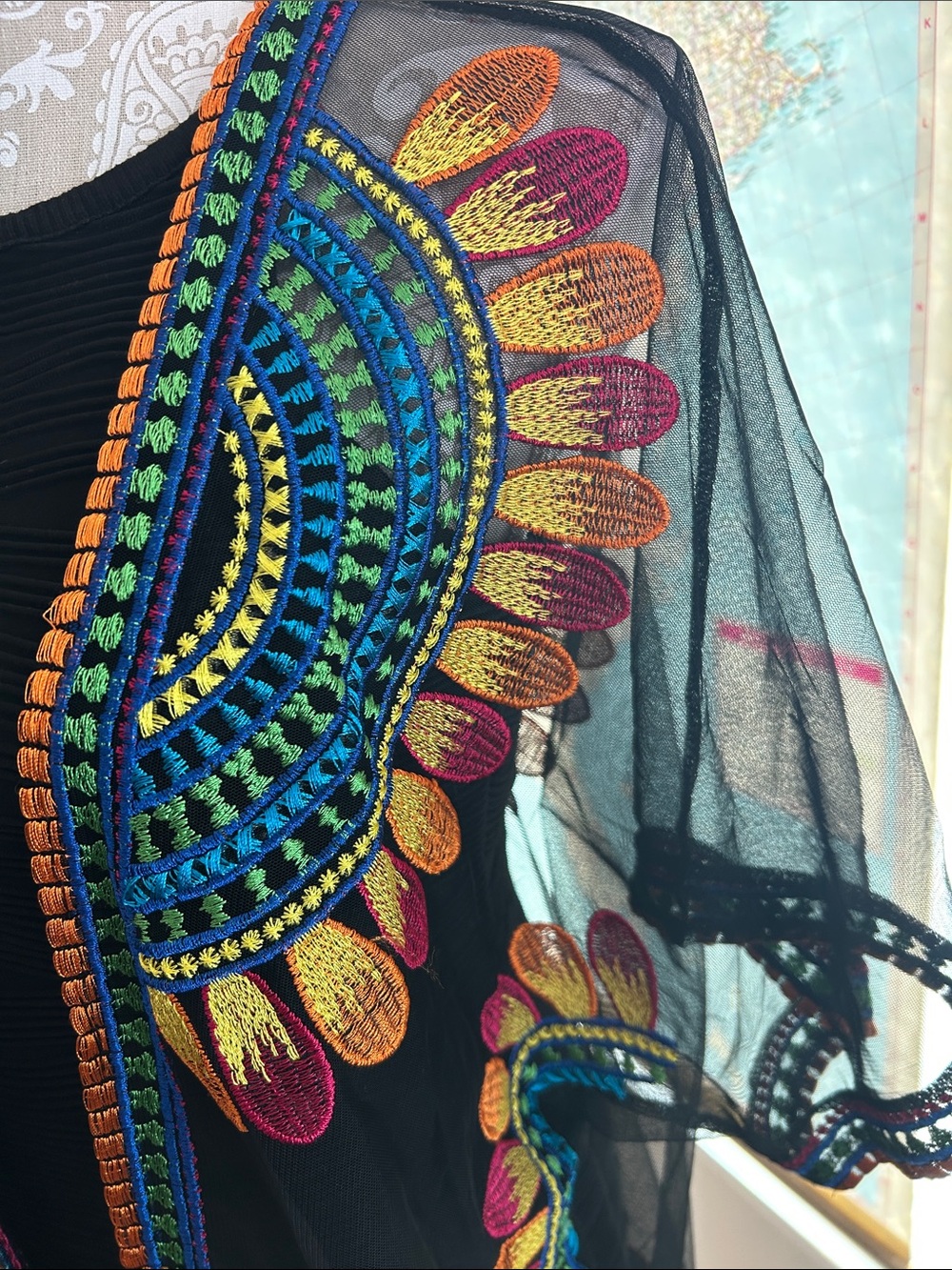 Source Unknown Black Sheer Tunic with Blue, Yellow & Pink Sunburst Embroidery - Picture 2 of 3